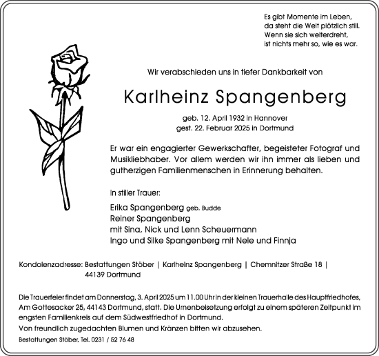 Traueranzeige von Karlheinz Spangenberg von Ruhr Nachrichten