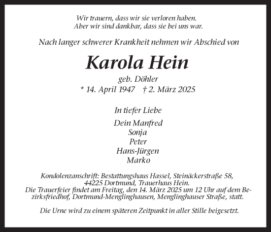 Traueranzeige von Karola Hein von Ruhr Nachrichten