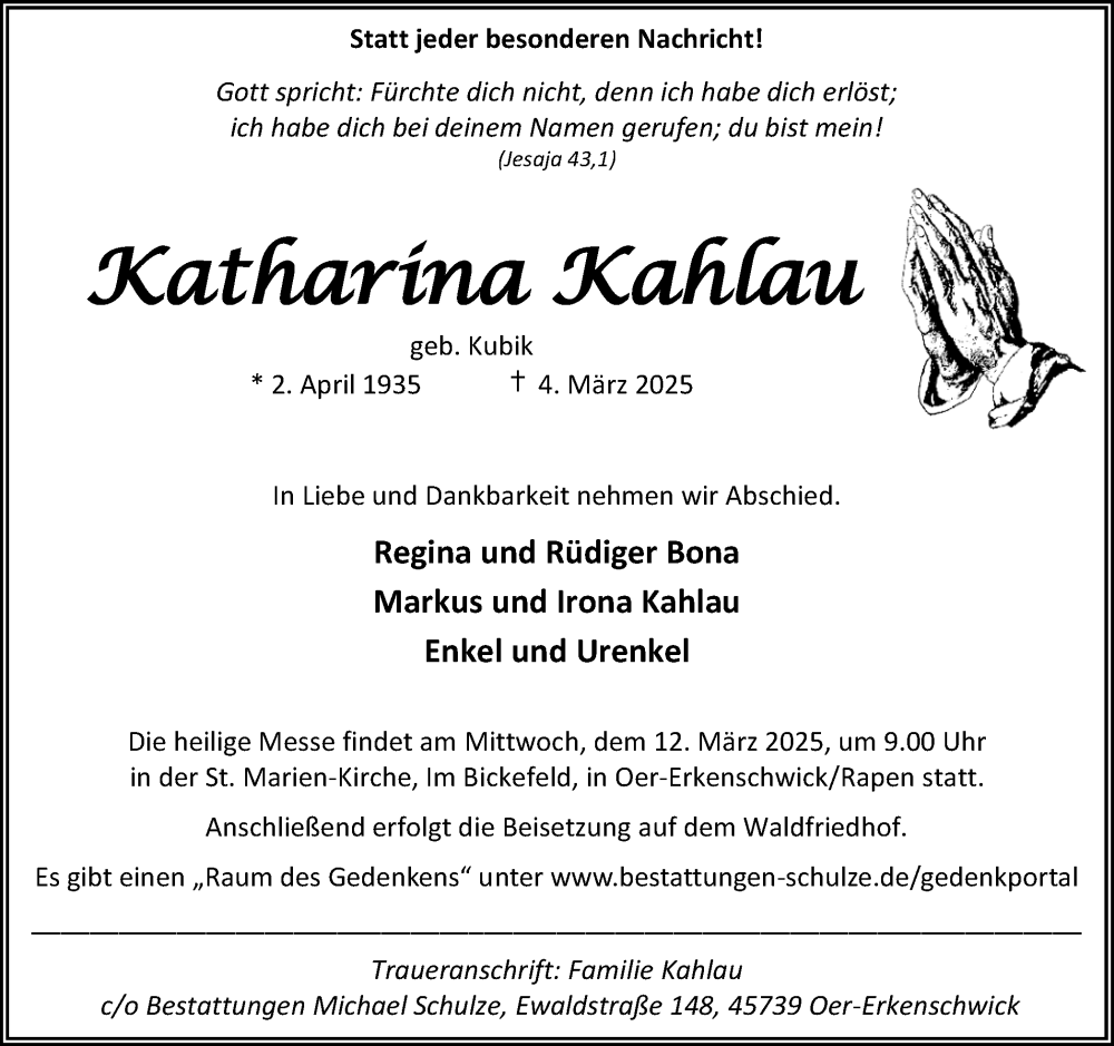 Traueranzeige für Katharina Kahlau vom 08.03.2025 aus Trauer Vest