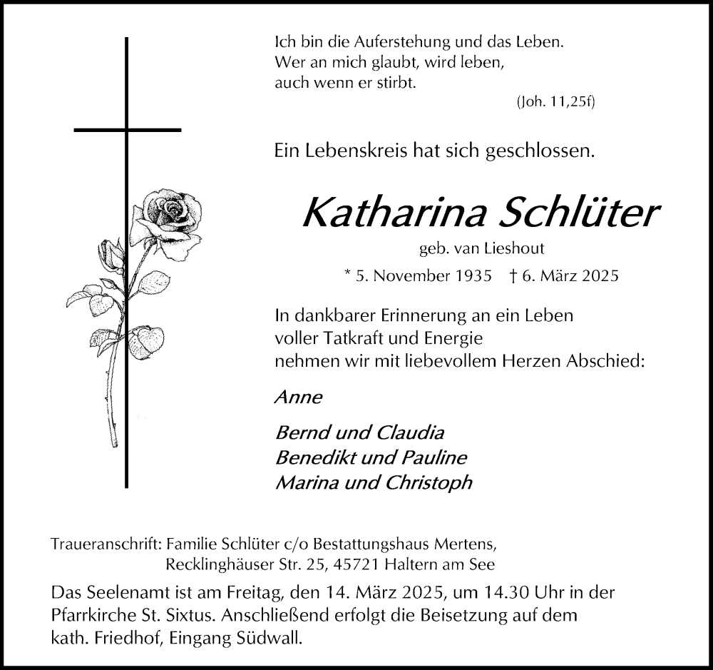  Traueranzeige für Katharina Schlüter vom 12.03.2025 aus Ruhr Nachrichten und Halterner Zeitung