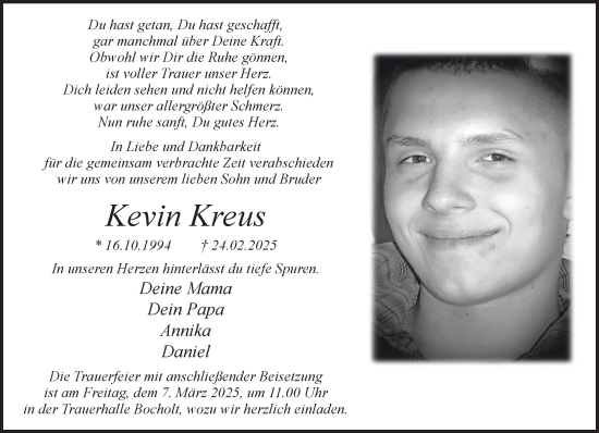 Traueranzeige von Kevin Kreus 