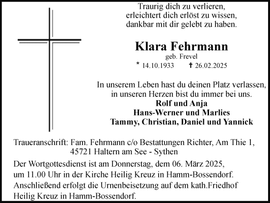 Traueranzeige von Klara Fehrmann von Ruhr Nachrichten und Halterner Zeitung