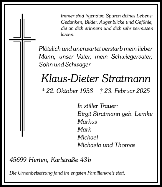 Traueranzeige von Klaus-Dieter Stratmann von Trauer Vest