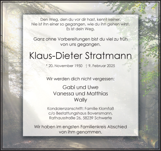 Traueranzeige von Klaus-Dieter Stratmann von Ruhr Nachrichten