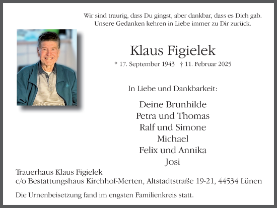 Traueranzeige von Klaus Figielek von Lüner Anzeiger