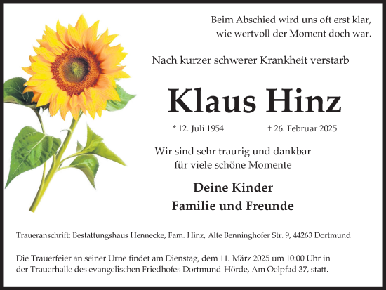 Traueranzeige von Klaus Hinz von Ruhr Nachrichten
