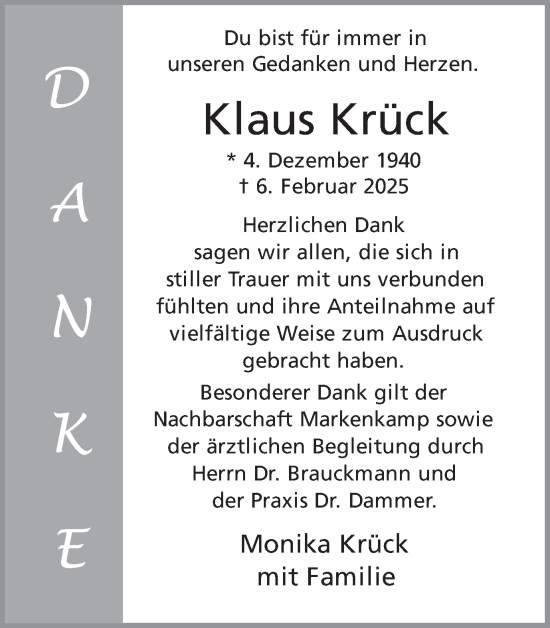Traueranzeige von Klaus Krück von Ruhr Nachrichten und Halterner Zeitung