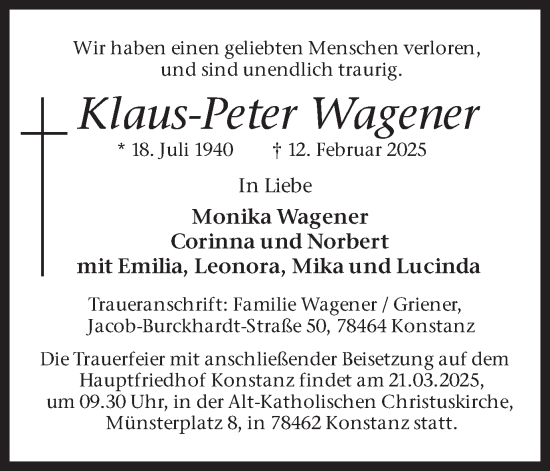 Traueranzeige von Klaus-Peter Wagener von Ruhr Nachrichten