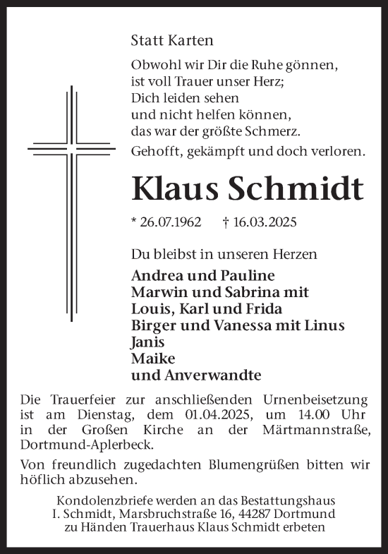 Traueranzeige von Klaus Schmidt von Ruhr Nachrichten
