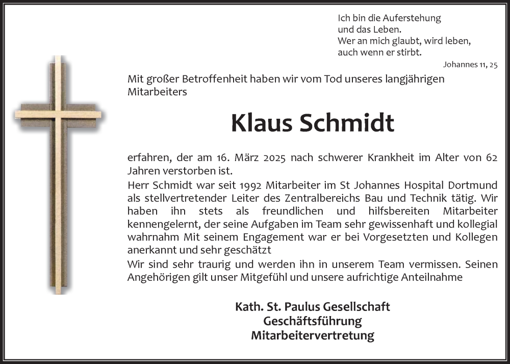  Traueranzeige für Klaus Schmidt vom 22.03.2025 aus Ruhr Nachrichten