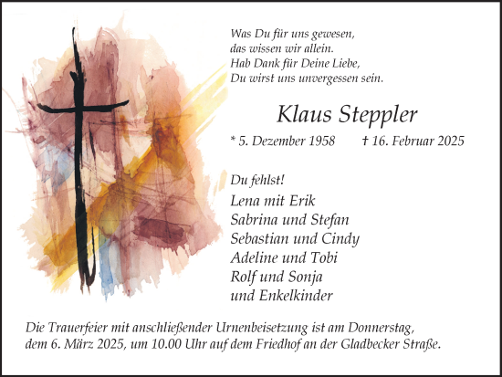Traueranzeige von Klaus Steppler von Ruhr Nachrichten und Dorstener Zeitung