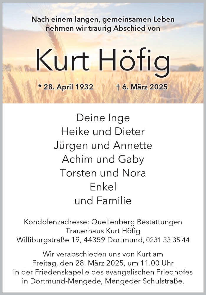  Traueranzeige für Kurt Höfig vom 22.03.2025 aus Ruhr Nachrichten