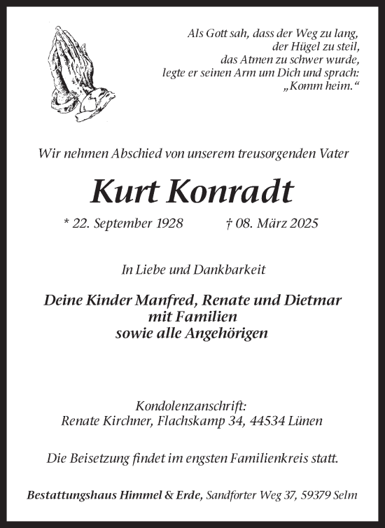 Traueranzeige von Kurt Konradt von Lüner Anzeiger