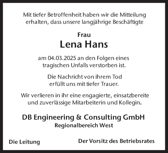 Traueranzeige von Lena Hans von Trauer Vest