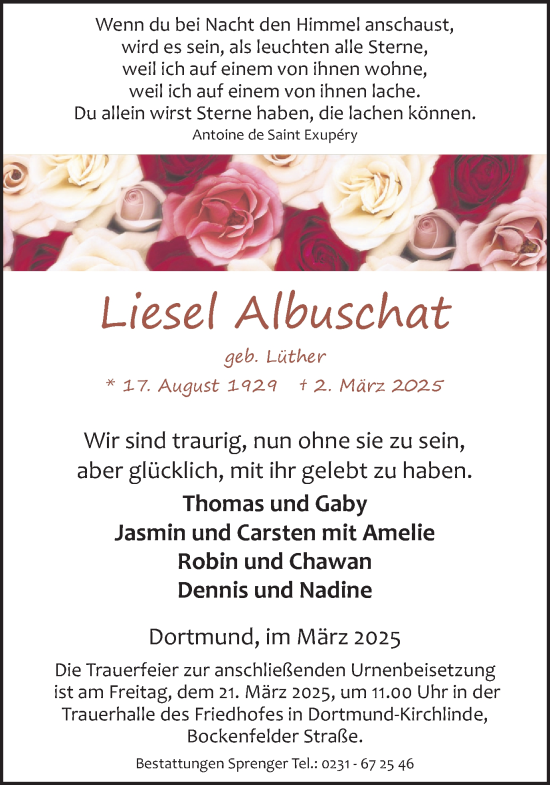 Traueranzeige von Liesel Albuschat von Ruhr Nachrichten
