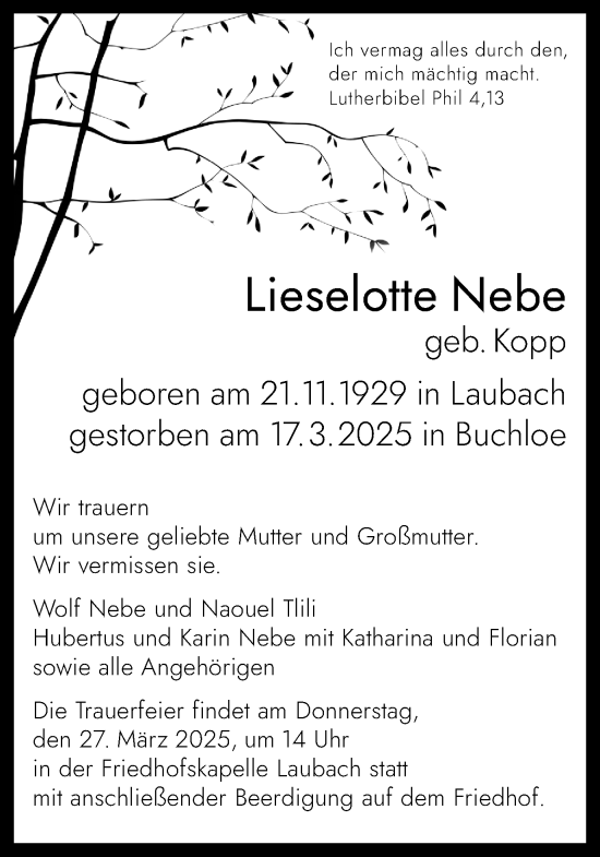 Traueranzeige von Lieselotte Nebe von Ruhr Nachrichten