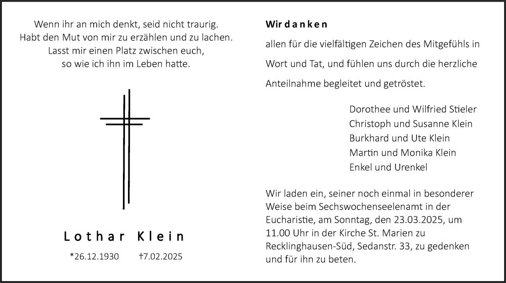 Traueranzeige für Lothar Klein vom 15.03.2025 aus Trauer Vest
