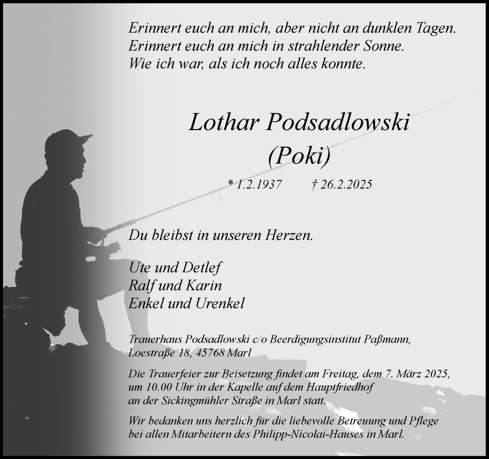  Traueranzeige für Lothar Podsadlowski vom 01.03.2025 aus Trauer Vest