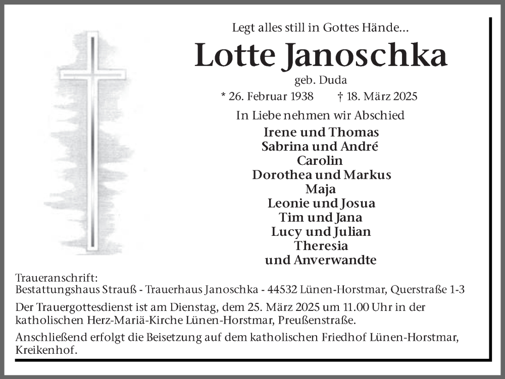  Traueranzeige für Lotte Janoschka vom 20.03.2025 aus Ruhr Nachrichten