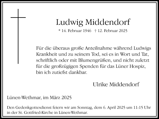 Traueranzeige von Ludwig Middendorf von Ruhr Nachrichten