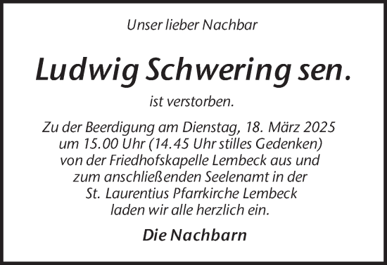 Traueranzeige von Ludwig Schwering von Ruhr Nachrichten und Dorstener Zeitung
