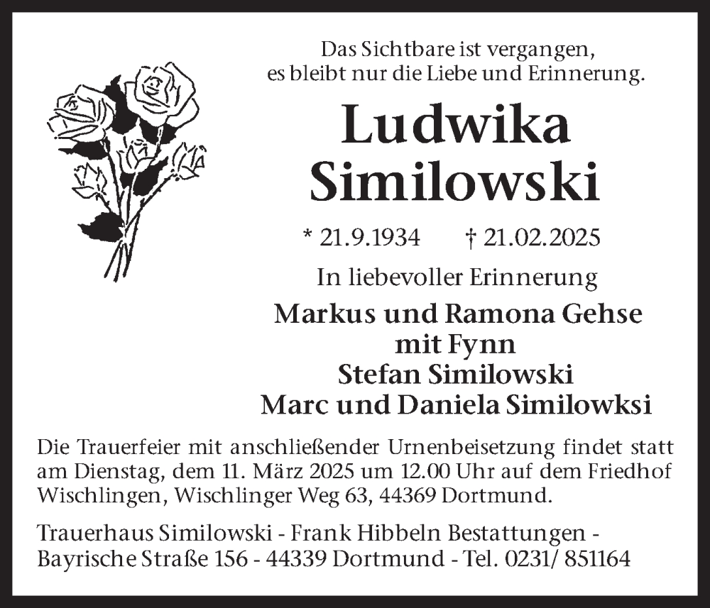  Traueranzeige für Ludwika Similowski vom 01.03.2025 aus Ruhr Nachrichten