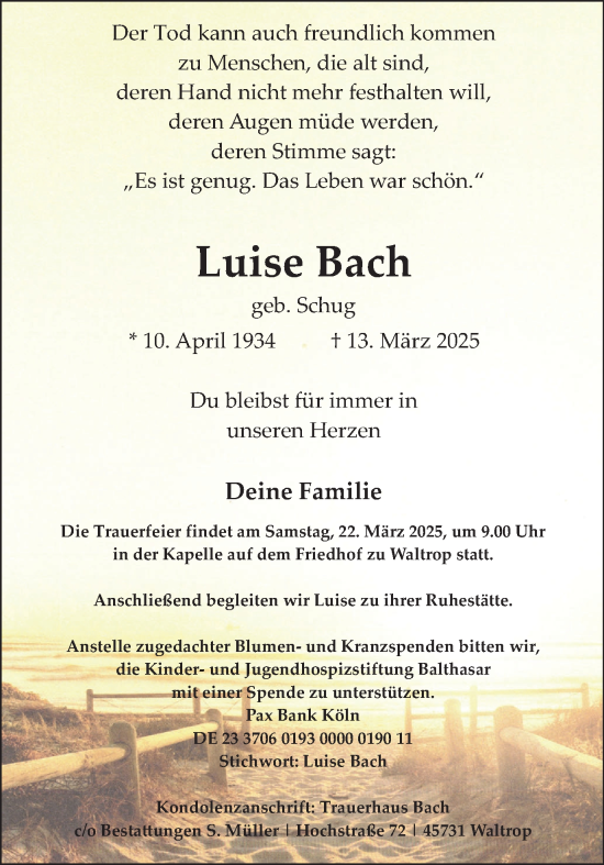 Traueranzeige von Luise Bach von Trauer Vest