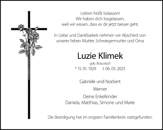 Traueranzeige von Luzie Klimek 