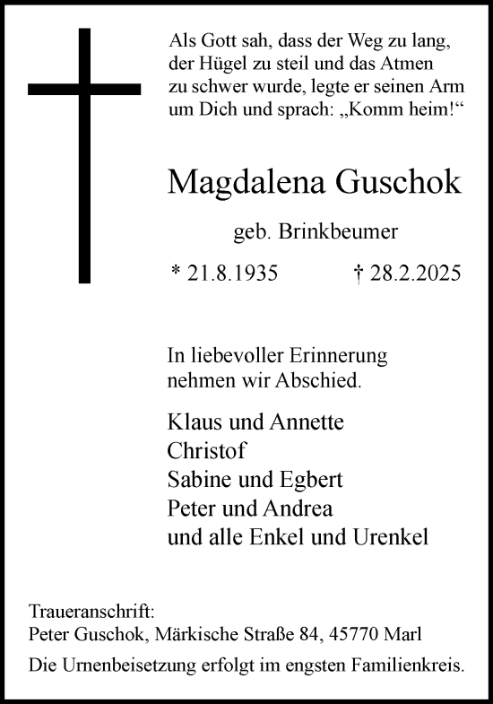 Traueranzeige von Magdalena Guschok von Trauer Vest