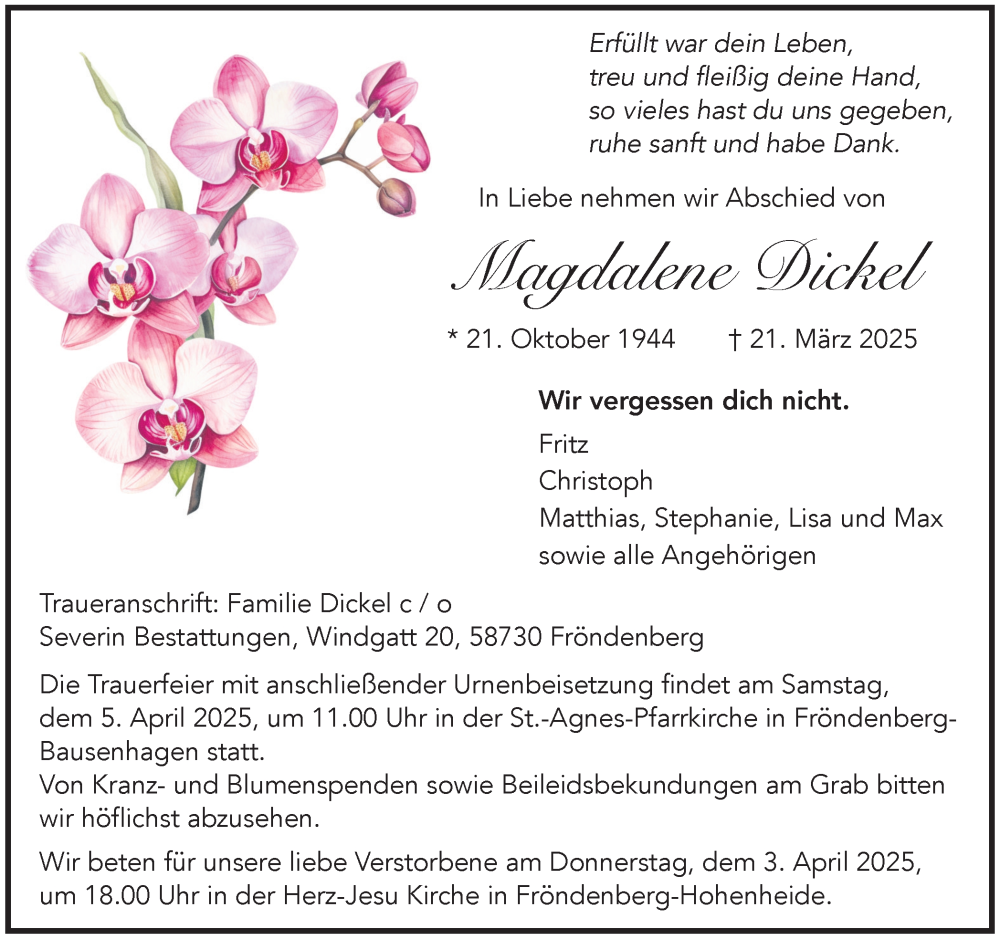  Traueranzeige für Magdalene Dickel vom 29.03.2025 aus Hellweger Anzeiger