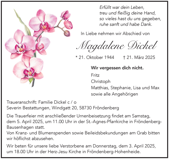 Traueranzeige von Magdalene Dickel von Hellweger Anzeiger