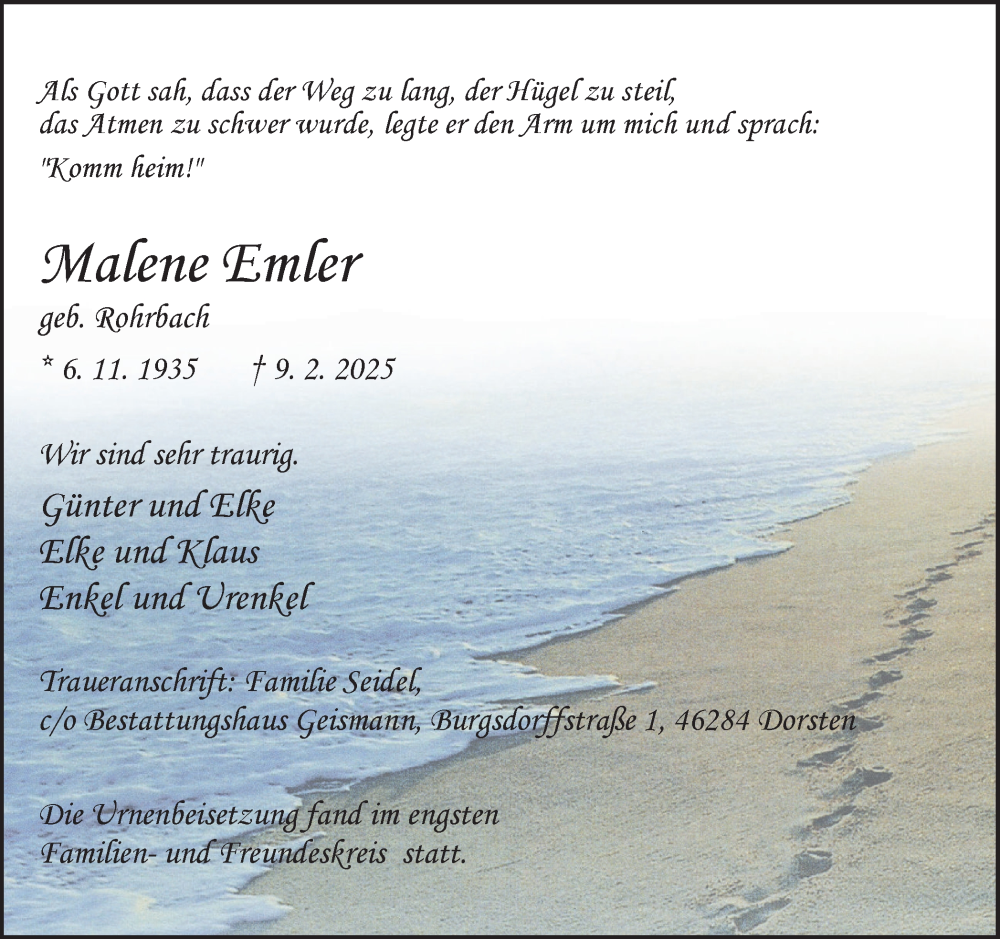  Traueranzeige für Malene Emler vom 08.03.2025 aus Ruhr Nachrichten und Dorstener Zeitung