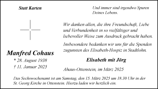 Traueranzeige von Manfred Cohaus von Münsterland Zeitung