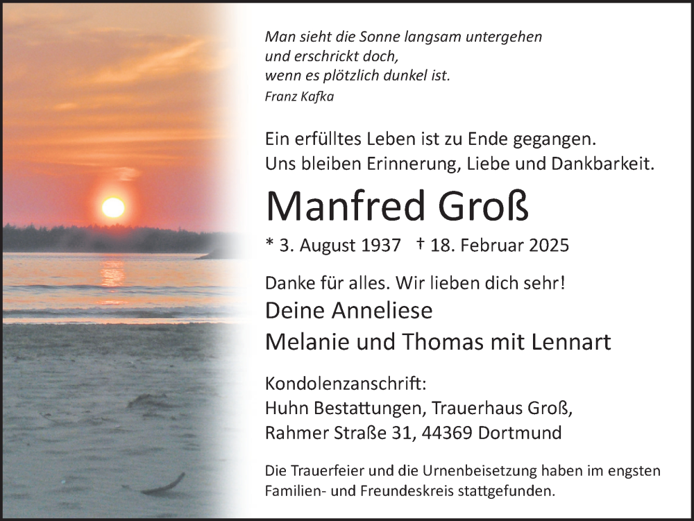  Traueranzeige für Manfred Groß vom 08.03.2025 aus Ruhr Nachrichten