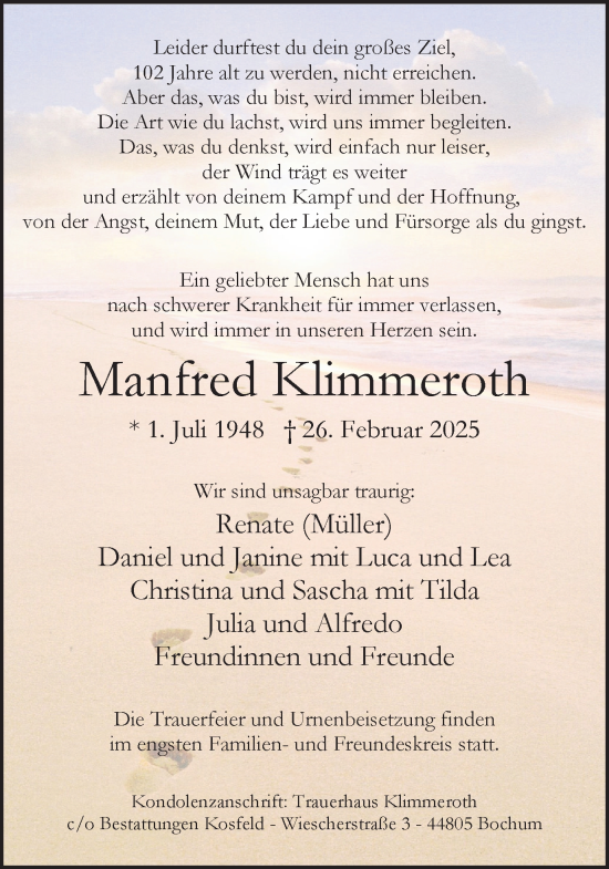 Traueranzeige von Manfred Klimmeroth von Stadtanzeiger Castrop-Rauxel