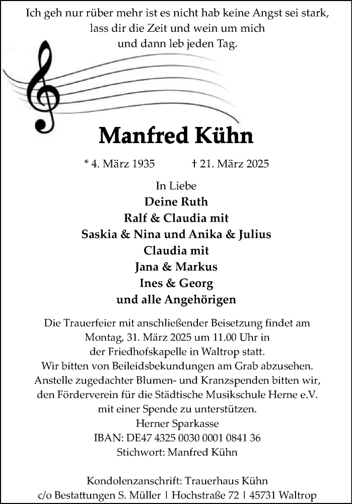  Traueranzeige für Manfred Kühn vom 26.03.2025 aus Trauer Vest