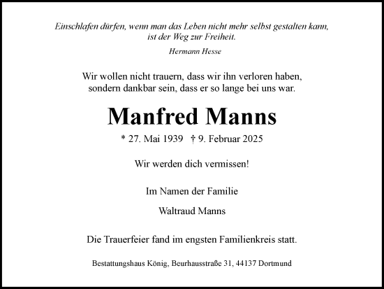 Traueranzeige von Manfred Manns von Ruhr Nachrichten