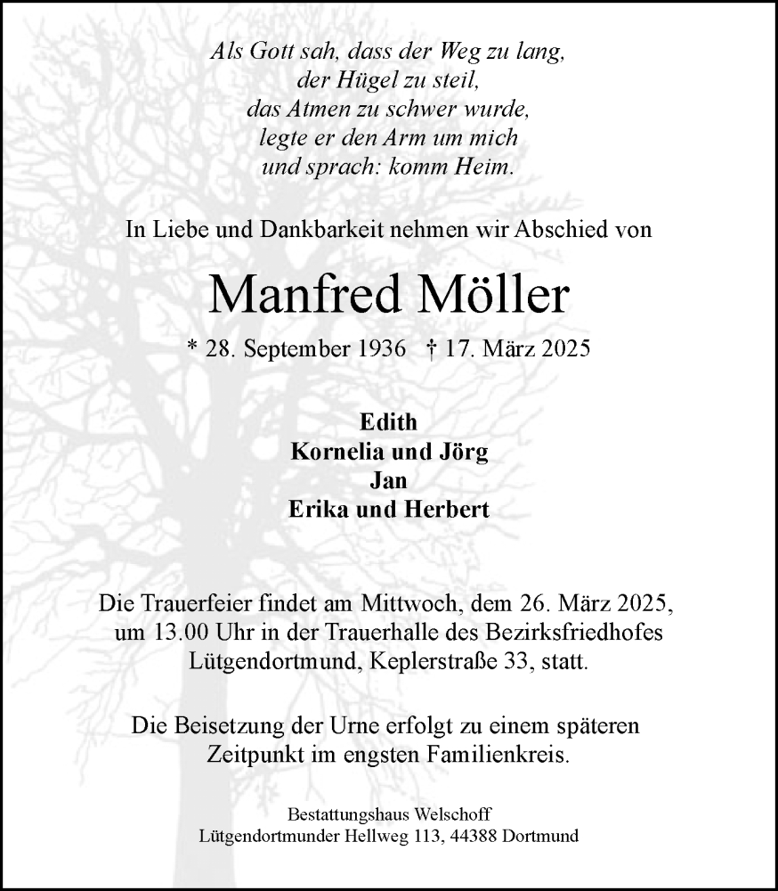  Traueranzeige für Manfred Möller vom 22.03.2025 aus Ruhr Nachrichten
