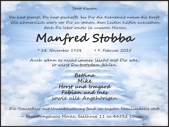Traueranzeige von Manfred Stobba von Lüner Anzeiger