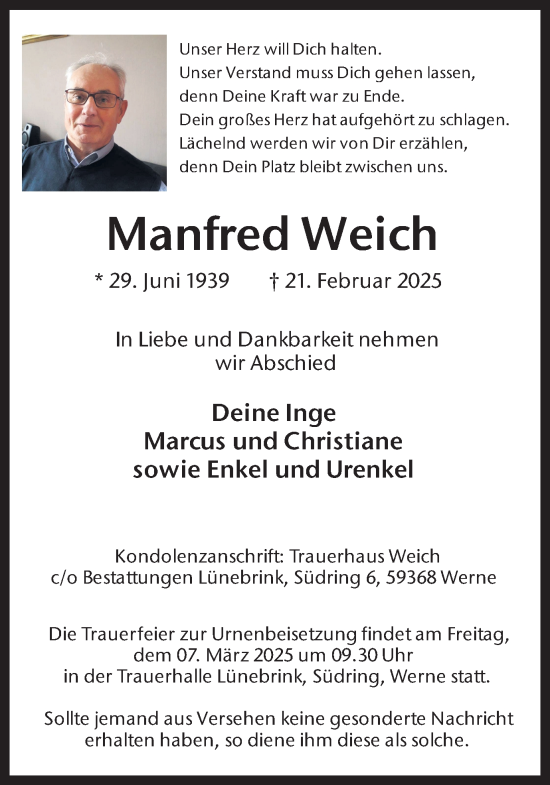 Traueranzeige von Manfred Weich von Ruhr Nachrichten