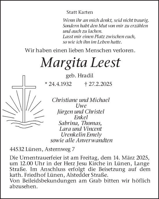 Traueranzeige von Margita Leest von Lüner Anzeiger