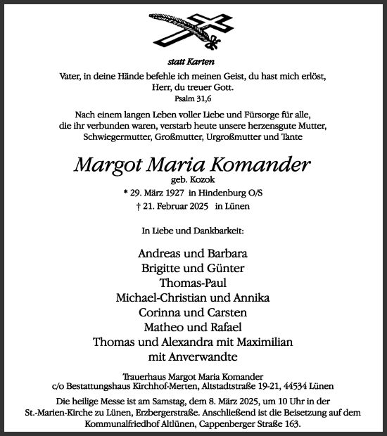 Traueranzeige von Margot Maria Komander von Ruhr Nachrichten