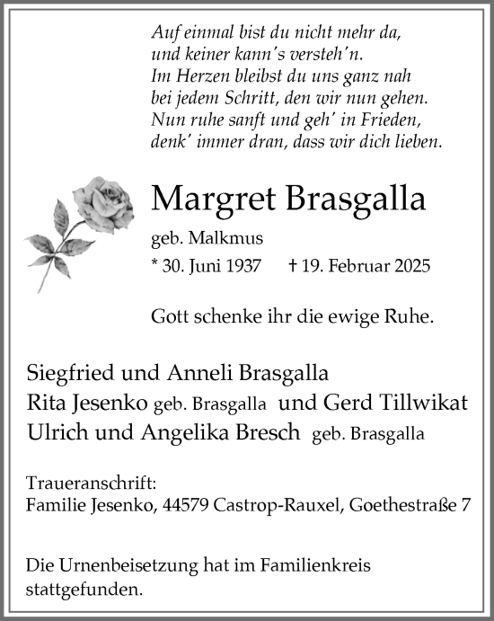 Traueranzeige von Margret Brasgalla von Stadtanzeiger Castrop-Rauxel