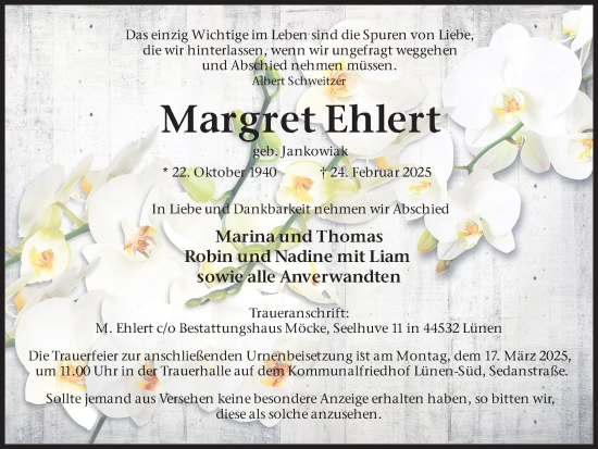 Traueranzeige von Margret Ehlert von Lüner Anzeiger