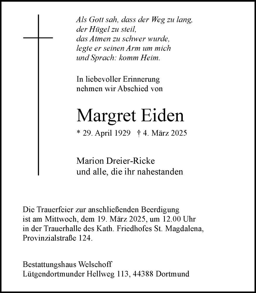  Traueranzeige für Margret Eiden vom 15.03.2025 aus Ruhr Nachrichten