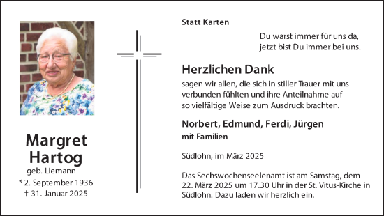 Traueranzeige von Margret Hartog von Münsterland Zeitung