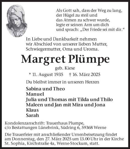 Traueranzeige von Margret Plümpe von Ruhr Nachrichten