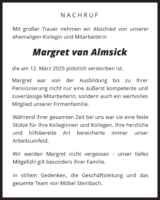 Traueranzeige von Margret van Almsick von Münsterland Zeitung