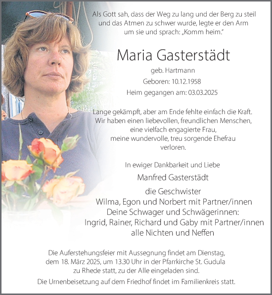 Traueranzeige von Maria Gasterstädt 