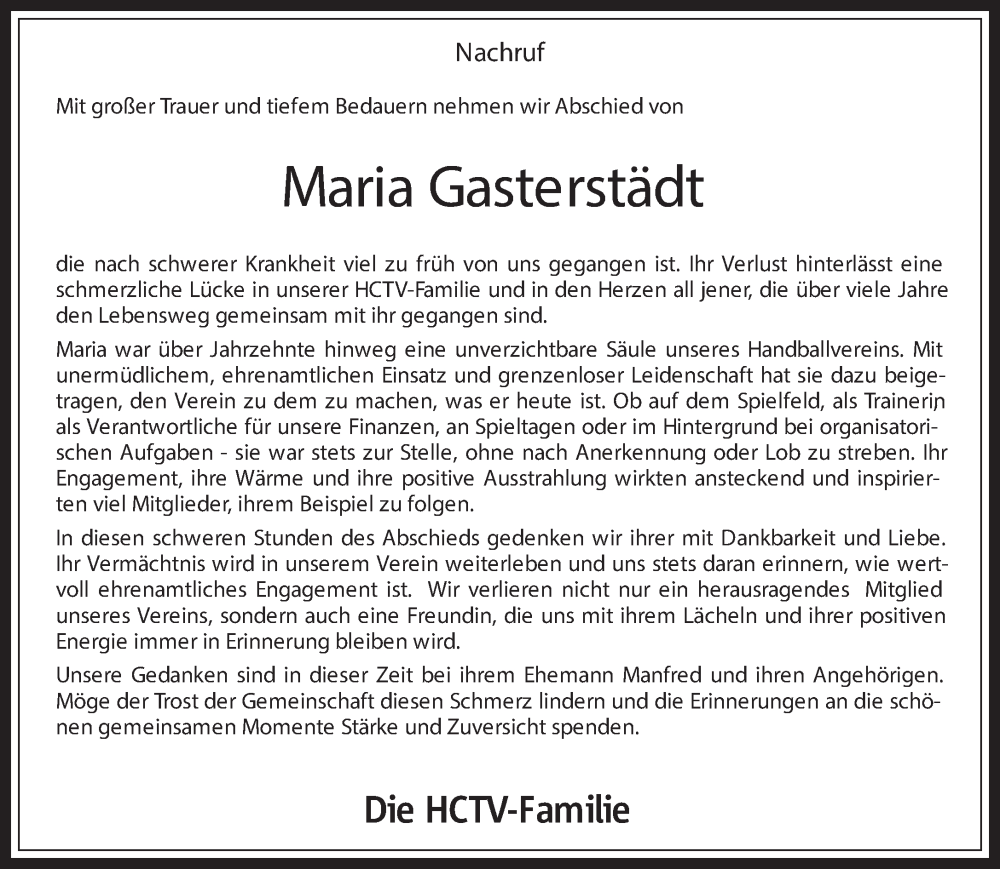  Traueranzeige für Maria Gasterstädt vom 19.03.2025 aus 